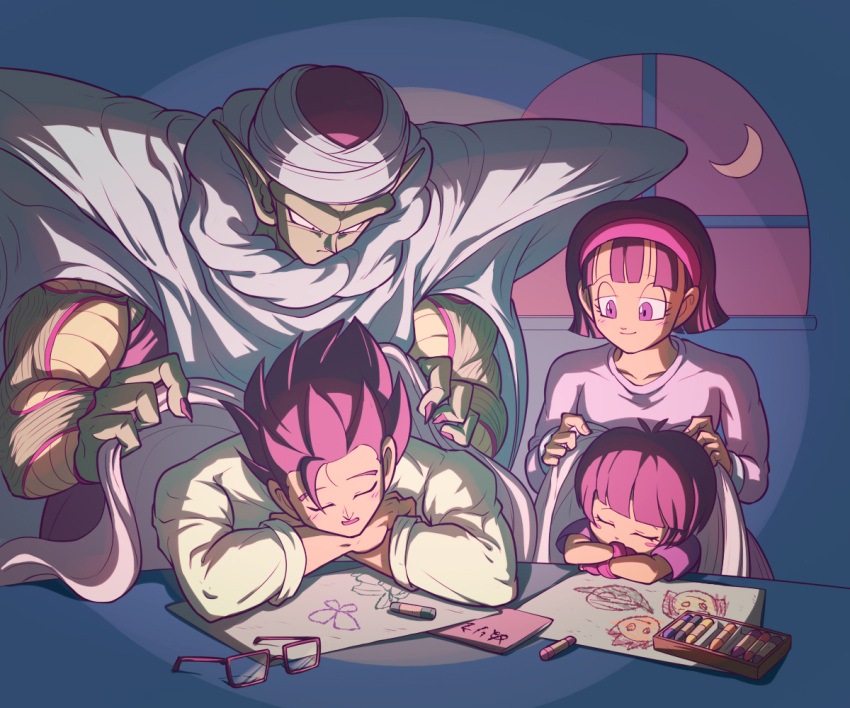 2boys, 2girls, biceps, black_hair, blanket, blunt_bangs, blush, blush_stickers