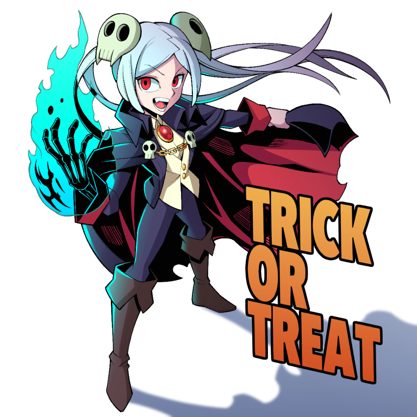 1girl, bloody_marie_(skullgirls), boots, brown_footwear, english_text, full_body, hair_ornament, halloween