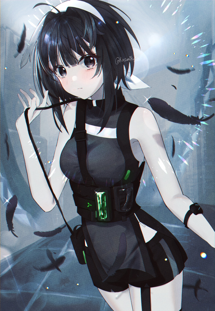 1girl, absurdres, arknights, artist_name, bare_shoulders, black_eyes, black_feathers, black_hair