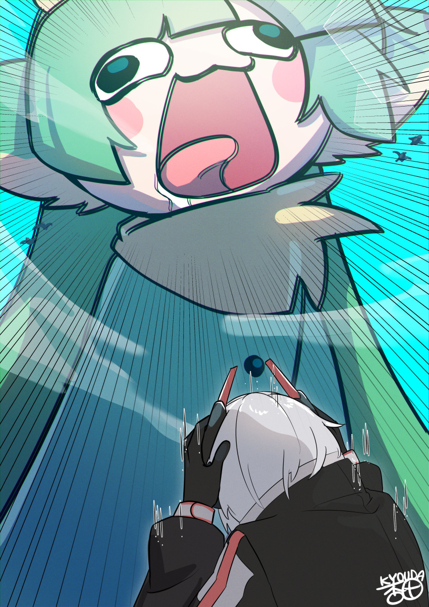 2girls, absurdres, artist_name, bird, blunt_bangs, drooling, english_commentary, giant