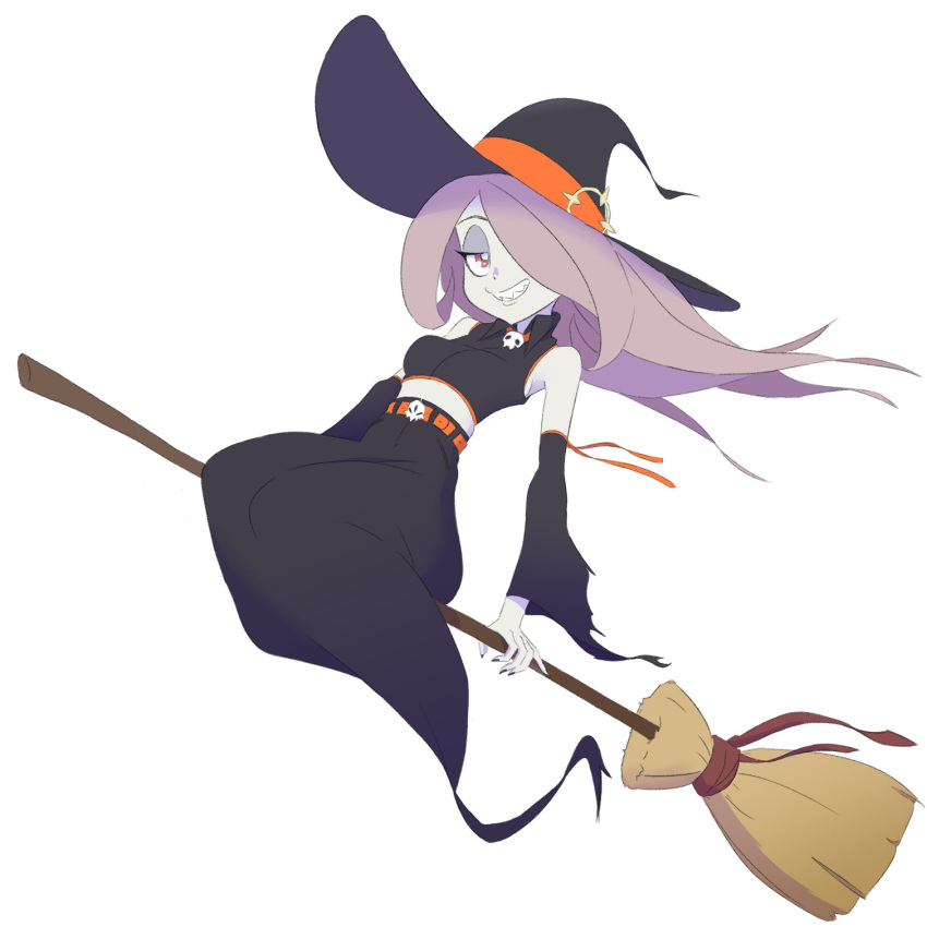 1girl, bare_shoulders, black_headwear, black_nails, black_skirt, broom, broom_riding, commentary, detached_sleeves, english_commentary, full_body, grin, hat, hat_ribbon, highres, little_witch_academia, long_hair, long_skirt, midriff, nail_polish, piczez, purple_hair, ribbon, sharp_teeth, shirt, simple_background, skirt, sleeveless, sleeveless_shirt, smile, solo, sucy_manbavaran, teeth, white_background, witch