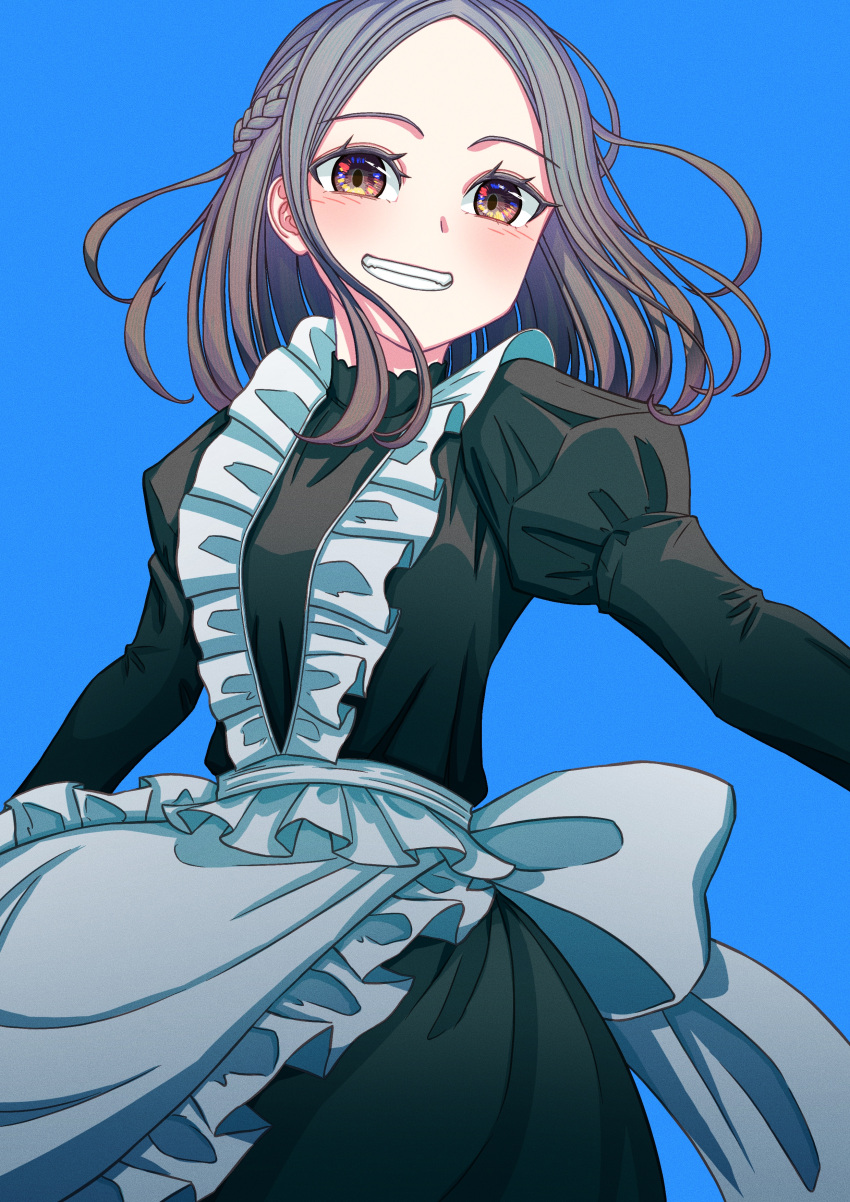 1girl, absurdres, akami_(sakanaakami), apron, black_dress, blue_background, blush, braid