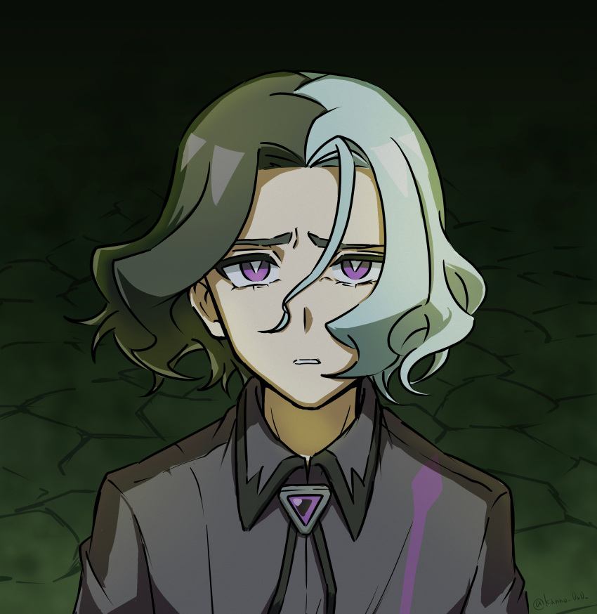 1boy, absurdres, amethio_(pokemon), black_ribbon, collared_shirt, commentary_request, crack, cracked_floor