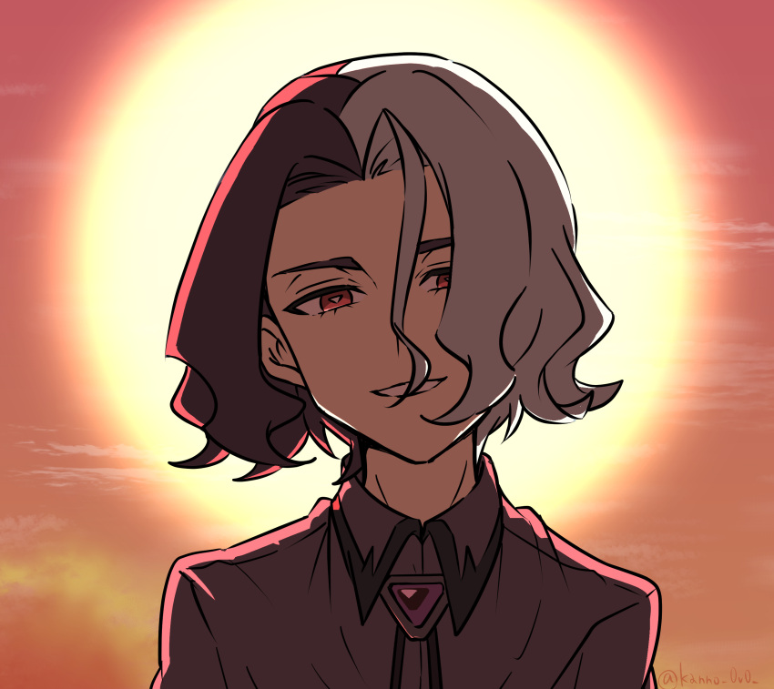 1boy, absurdres, amethio_(pokemon), black_ribbon, bright_pupils, collared_shirt, commentary_request, gem