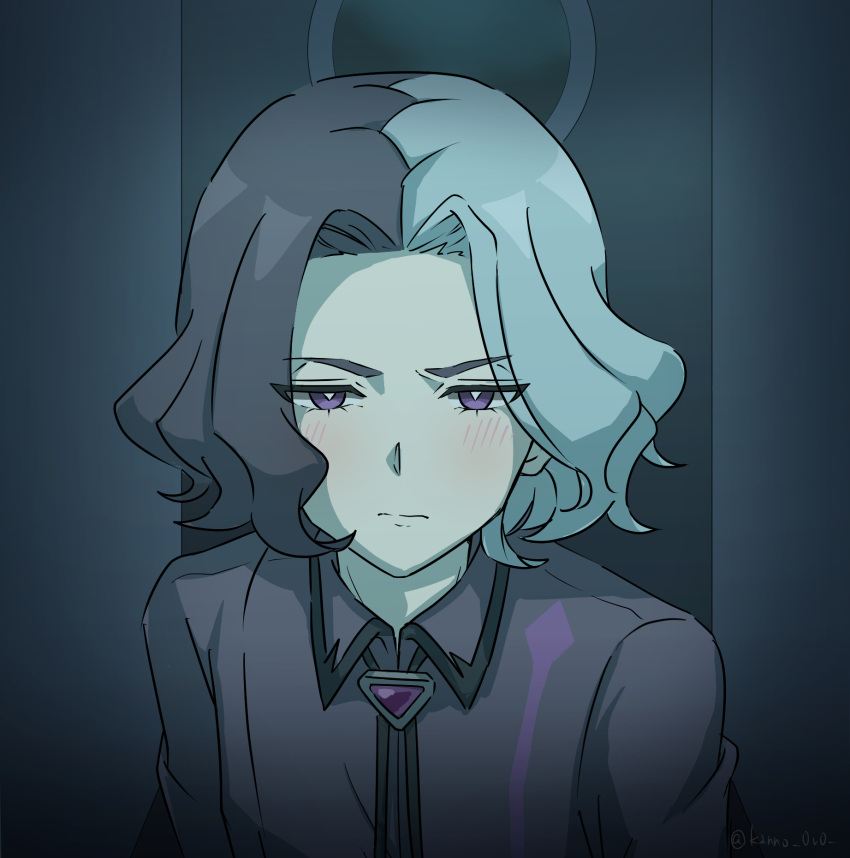 1boy, amethio_(pokemon), black_ribbon, blush, closed_mouth, collared_shirt, commentary_request, grey_shirt