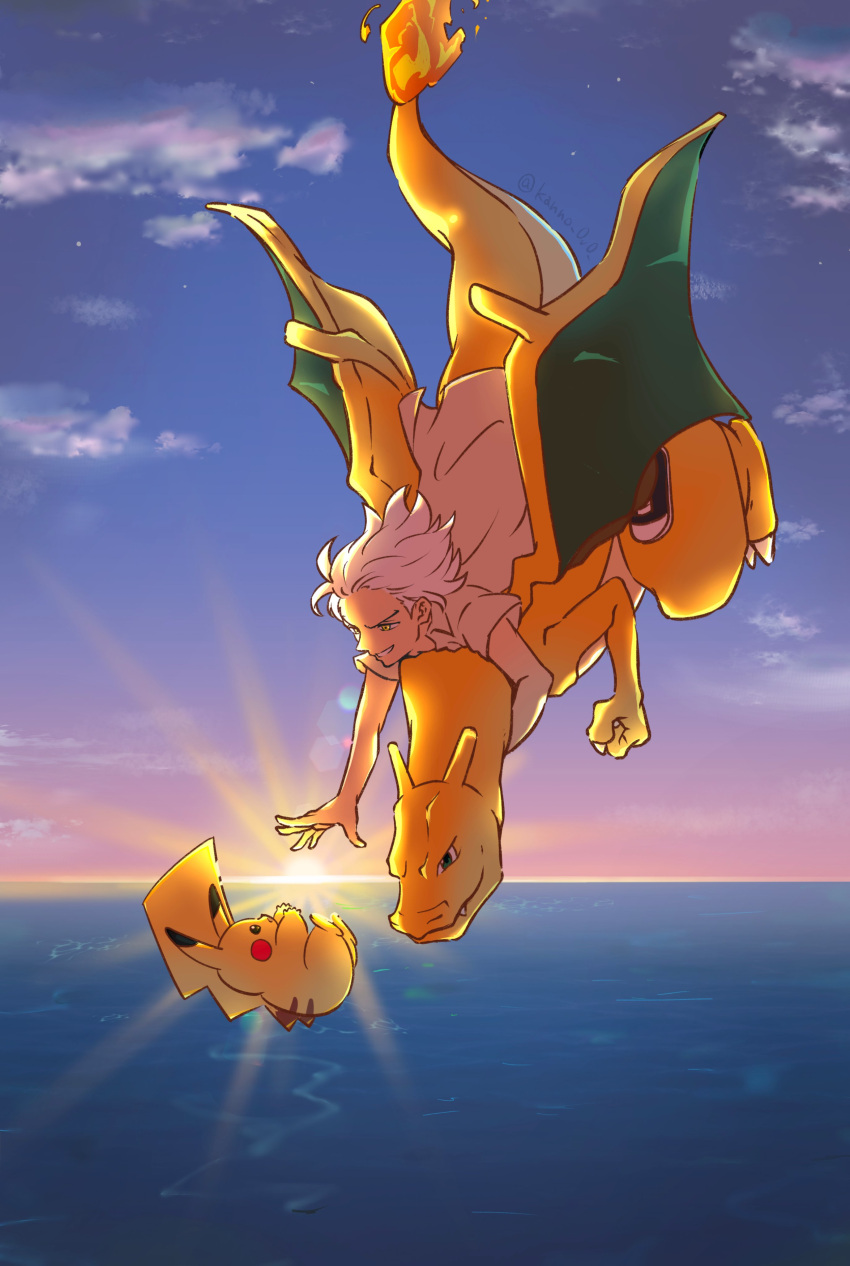 1boy, absurdres, charizard, claws, clouds, commentary_request, falling, flame-tipped_tail, friede_(pokemon), highres, kanno_0v0, looking_down, male_focus, outdoors, outstretched_arm, parted_lips, pikachu, pokemon, pokemon_(anime), pokemon_horizons, riding, riding_pokemon, shirt, shoes, short_sleeves, sky, smile, sunset, water, white_hair