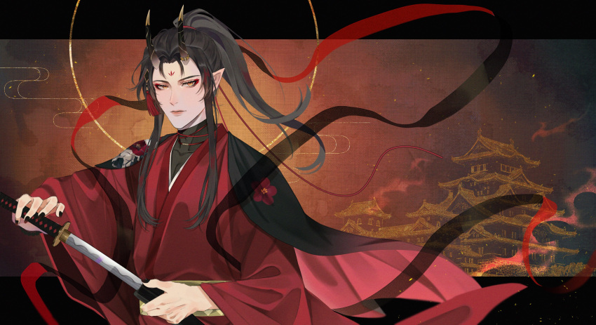 1boy, absurdres, alternate_costume, black_hair, black_nails, high_ponytail, highres, horns