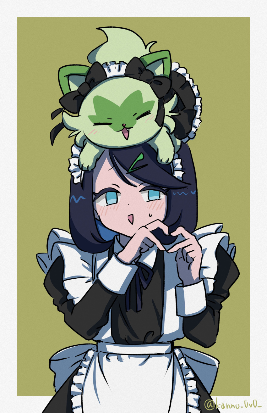 1girl, :d, absurdres, alternate_costume, apron, black_dress, black_hair, blush, border, clothed_pokemon, commentary_request, dress, enmaided, eyelashes, finger_heart, green_background, green_eyes, hair_ornament, hairclip, highres, kanno_0v0, liko_(pokemon), long_sleeves, maid, maid_headdress, no_pupils, on_head, open_mouth, outside_border, pokemon, pokemon_(anime), pokemon_(creature), pokemon_horizons, pokemon_on_head, smile, sprigatito, sweatdrop, swept_bangs, twitter_username, waist_apron, white_apron, white_border
