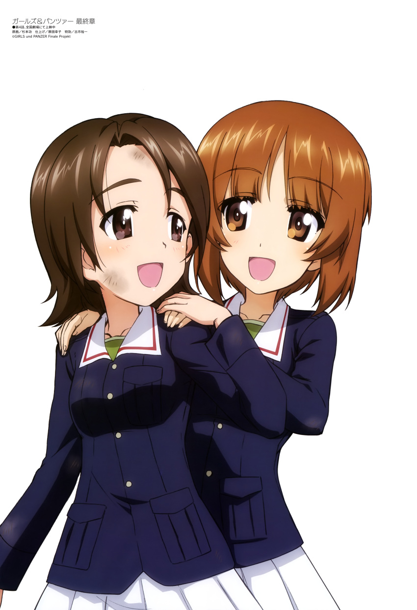 2girls, :d, absurdres, black_jacket, brown_eyes, brown_hair, collarbone, dirt_on_face