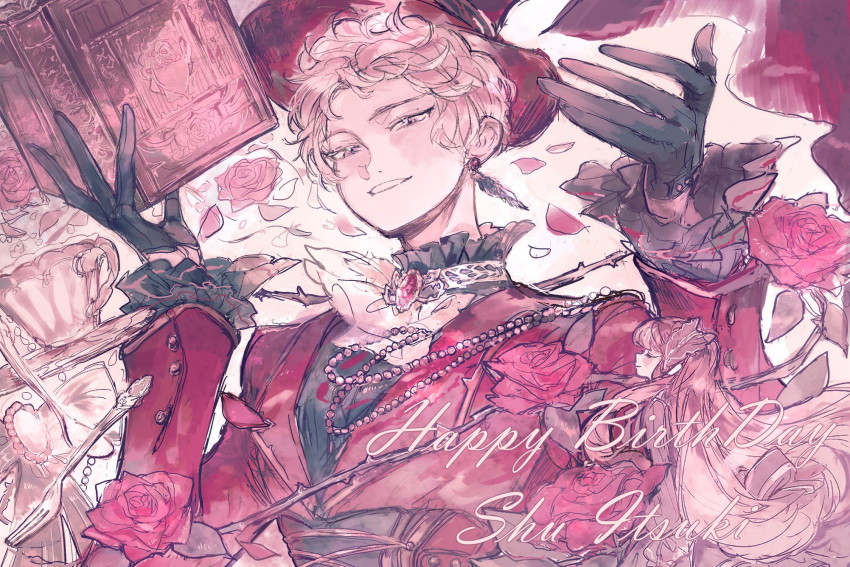 1boy, ascot, black_gloves, black_shirt, book, cup, earrings, ensemble_stars!, feather_earrings, feathers, flower, gloves, highres, holding, holding_book, itsuki_shu, jacket, jewelry, looking_at_viewer, male_focus, open_book, petals, pink_hair, red_flower, red_jacket, red_petals, red_rose, rokublue, rose, rose_petals, shirt, short_bangs, short_hair, sketch, smile, solo, teacup, teeth, violet_eyes, white_ascot, white_background