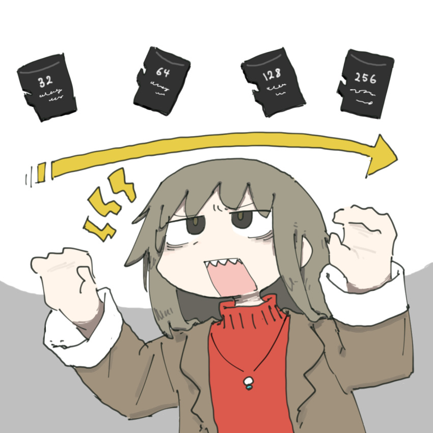 1girl, arms_up, arrow_(symbol), brown_jacket, embarrassed, grey_hair, highres, jacket, jewelry, looking_up, medium_hair, necklace, open_mouth, original, red_sweater, sd_card, sharp_teeth, solo, sweater, teeth, torosakana, upper_teeth_only