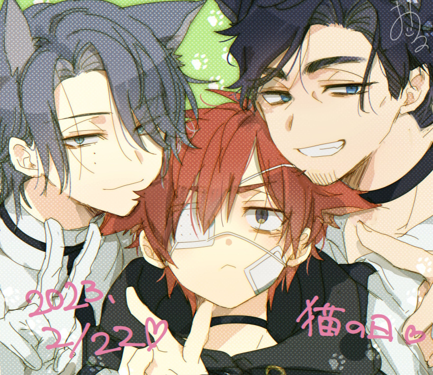 2023, 3boys, animal_ears, bandaid, bandaid_on_cheek, bandaid_on_face, black_hair, blue_eyes