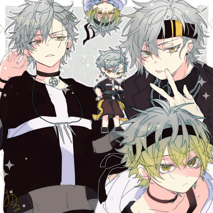 1boy, absurdres, alternate_costume, black_choker, black_shirt, black_tank_top, chibi, choker