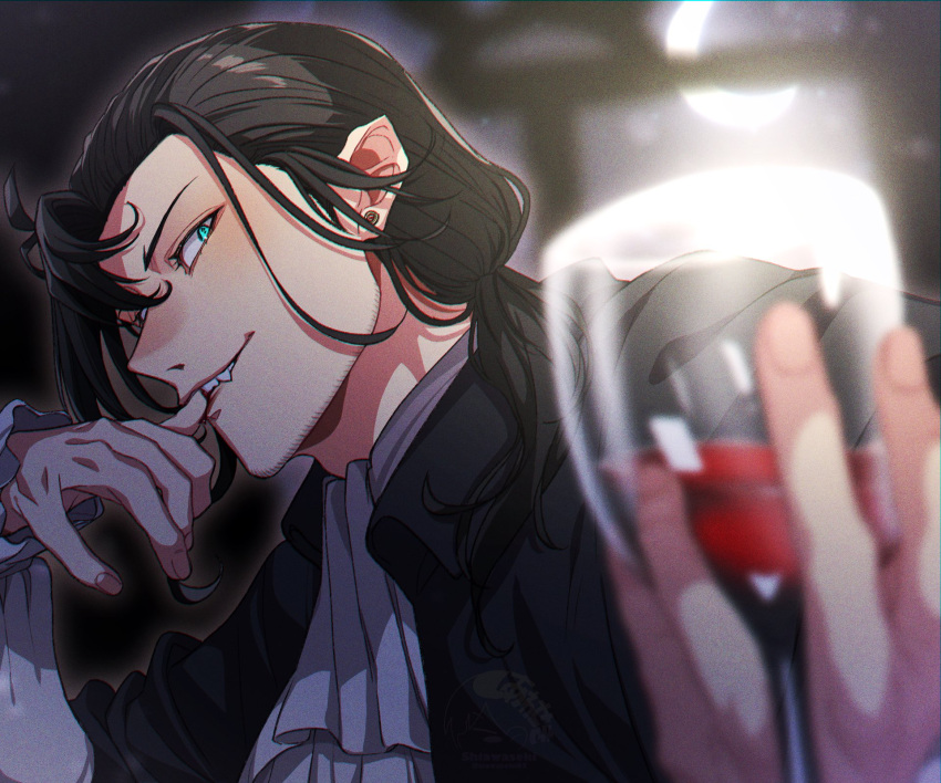 1boy, aqua_eyes, ascot, black_hair, blurry, blurry_foreground, cup, depth_of_field, drinking_glass, fangs, frilled_sleeves, frills, from_side, glowing, glowing_eyes, green_eyes, halloween, highres, holding, holding_cup, holostars, holostars_english, josuiji_shinri, looking_at_viewer, male_focus, pointy_ears, portrait, profile, siawaseki05, sidelighting, smile, solo, virtual_youtuber, white_ascot, wine_glass
