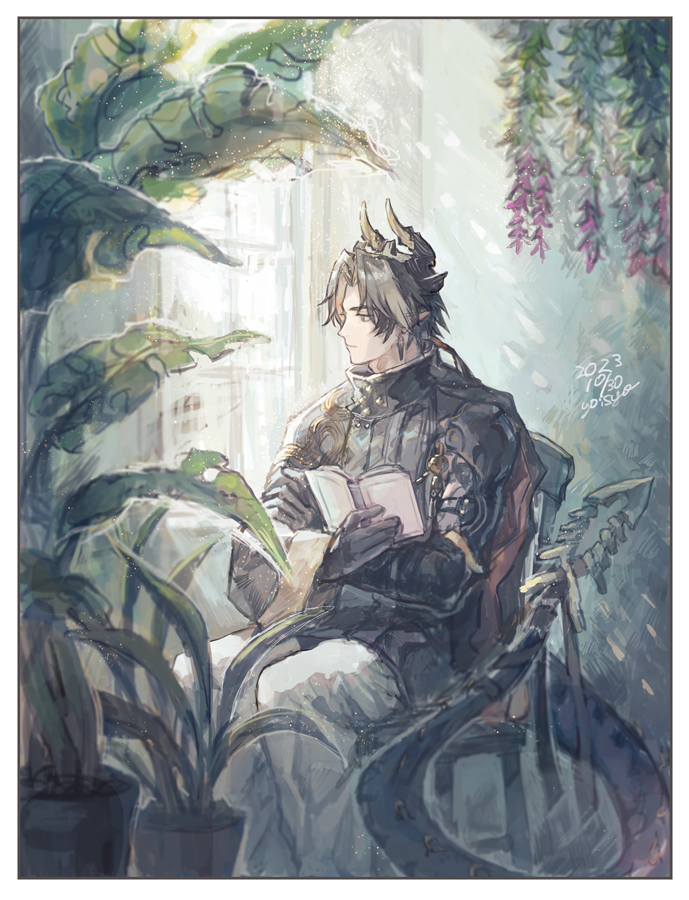 1boy, arknights, black_jacket, black_skin, book, border, brown_hair, chair