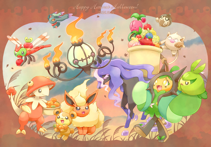 :d, alternate_color, applin, berry_(pokemon), breloom, bright_pupils, chandelure, cherubi