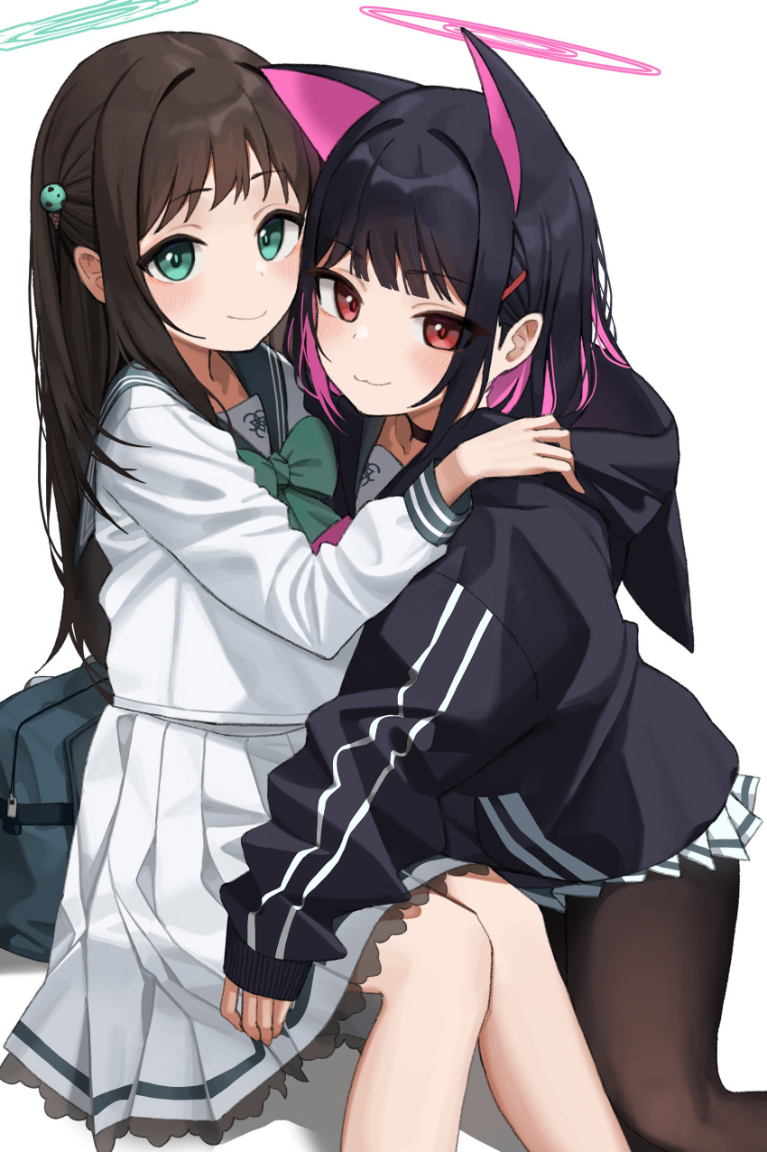 2girls, absurdres, airi_(blue_archive), animal_ears, bag, black_choker, black_hair, black_jacket
