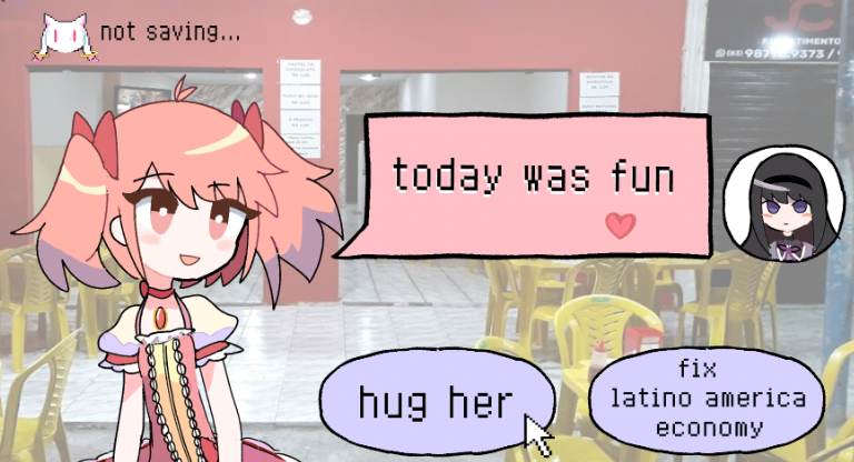 2girls, akemi_homura, black_hair, black_hairband, choker, cursor, dress, english_text, fake_screenshot, hairband, kaname_madoka, kyubey, magical_girl, mahou_shoujo_madoka_magica, mahou_shoujo_madoka_magica_(anime), mayu_(nanakemi), multiple_girls, photo_background, pink_choker, pink_dress, pink_eyes, pink_hair, puffy_short_sleeves, puffy_sleeves, short_sleeves, soul_gem, twintails, violet_eyes