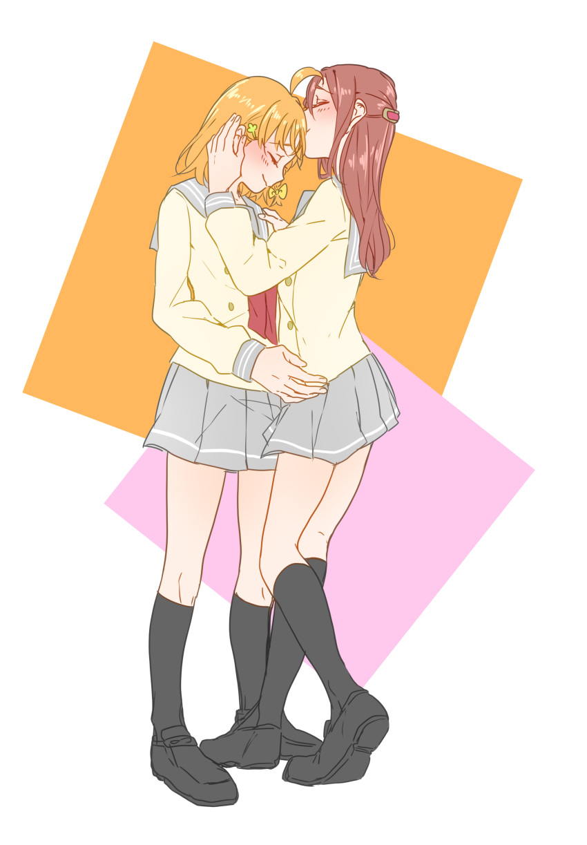 2girls, absurdres, ahoge, black_footwear, black_socks, blush, bow, braid