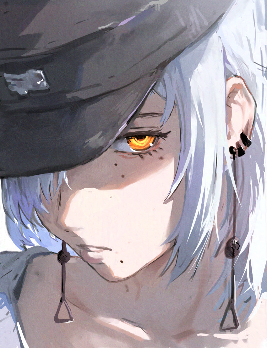 1girl, absurdres, black_headwear, chainsaw_man, ear_piercing, earrings, fami_(chainsaw_man), highres