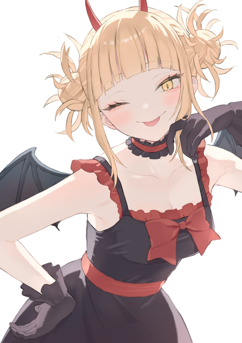 1girl, ;p, black_dress, black_gloves, black_wings, blonde_hair, boku_no_hero_academia, bow