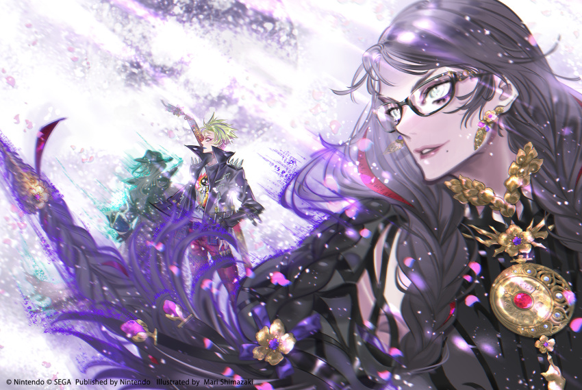 1boy, 2girls, bayonetta, bayonetta_(series), bayonetta_3, black_coat, black_hair, black_headwear