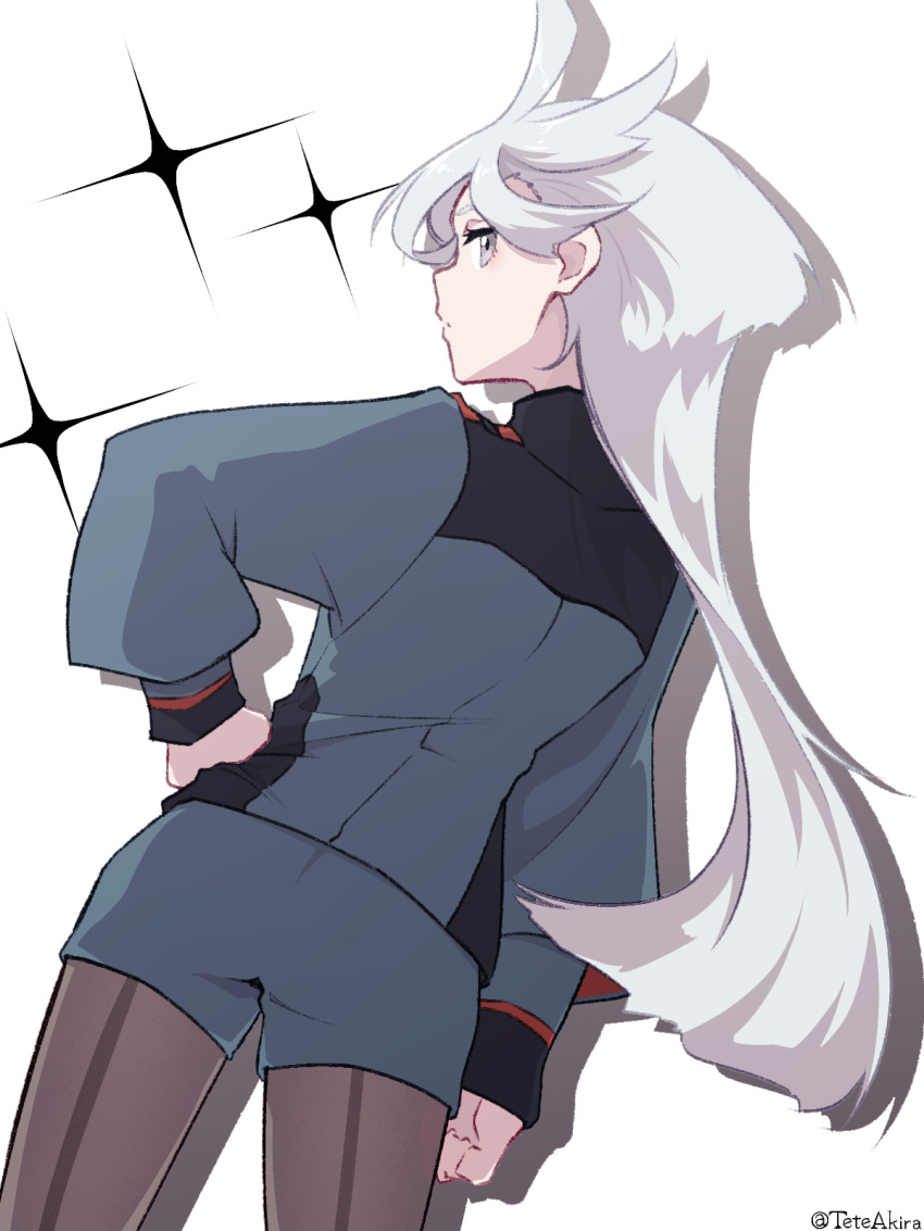 1girl, akira_(tete-akira), artist_name, asticassia_school_uniform, back-seamed_legwear, from_behind, green_shorts, grey_eyes