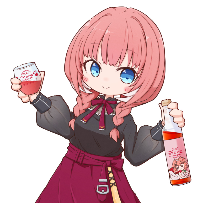 1girl, black_shirt, blue_eyes, blush_stickers, bottle, braid, chibi, choppy_bangs