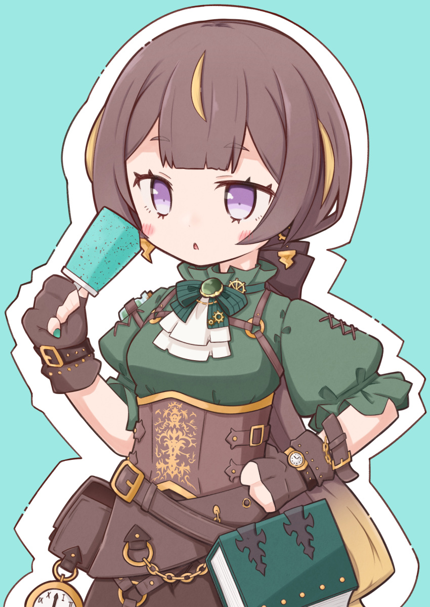 1girl, absurdres, anya_melfissa, anya_melfissa_(steampunk), aqua_background, blonde_hair, blunt_bangs, brown_gloves, brown_hair, corset, double-parted_bangs, fingerless_gloves, food, gloves, green_shirt, hand_on_own_hip, highres, hololive, hololive_indonesia, jitome, lazurite, leather_belt, long_hair, low_ponytail, multicolored_hair, official_alternate_costume, pocket_watch, popsicle, shirt, sleeves_past_elbows, solo, steampunk, streaked_hair, underbust, very_long_hair, violet_eyes, virtual_youtuber, watch, watch
