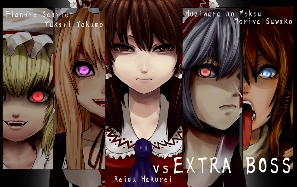 ascot, blue_eyes, brown_eyes, column_lineup, english, fangs, flandre_scarlet, fujiwara_no_mokou