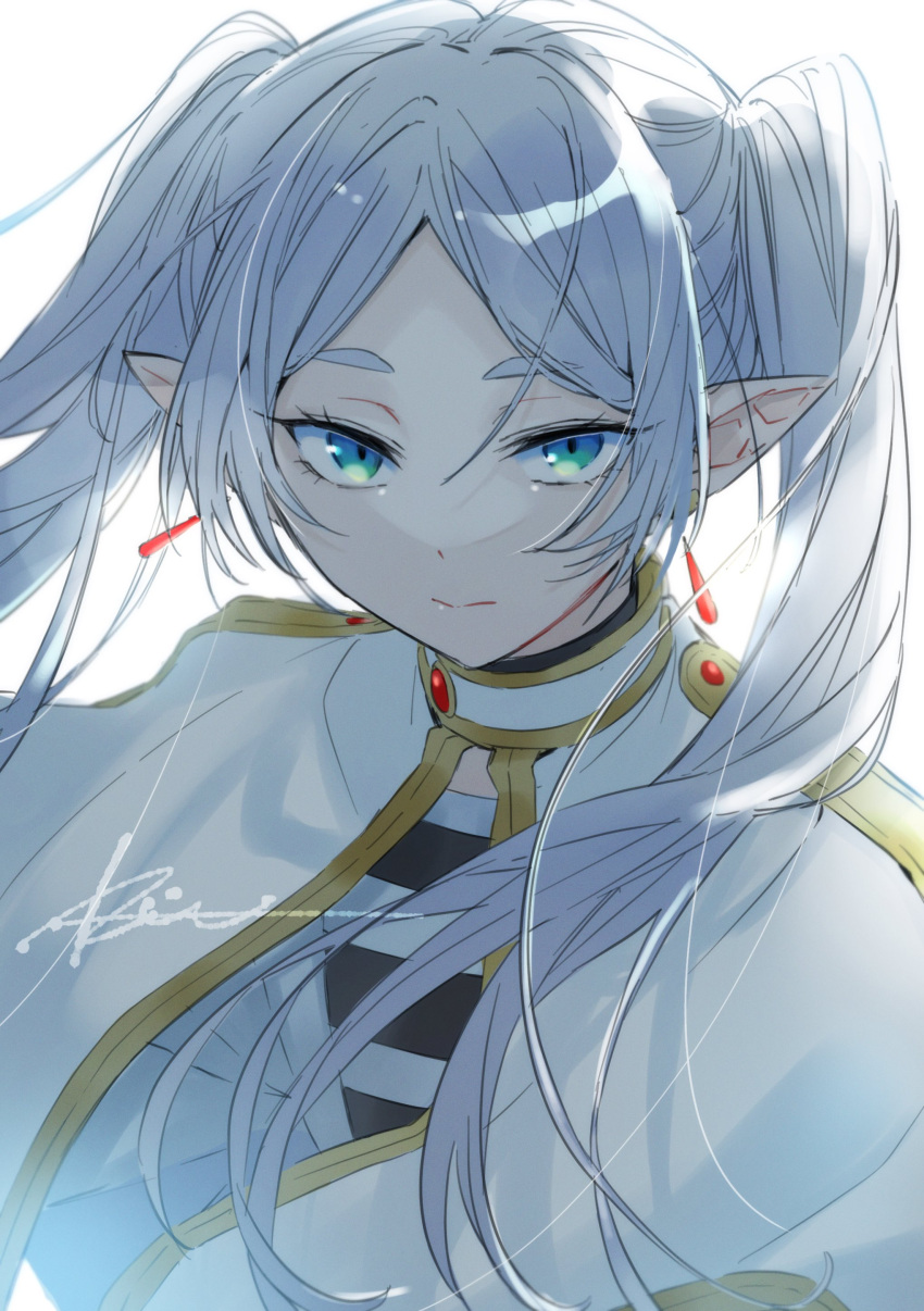 1girl, absurdres, aqua_eyes, capelet, close-up, closed_mouth, earrings, elf