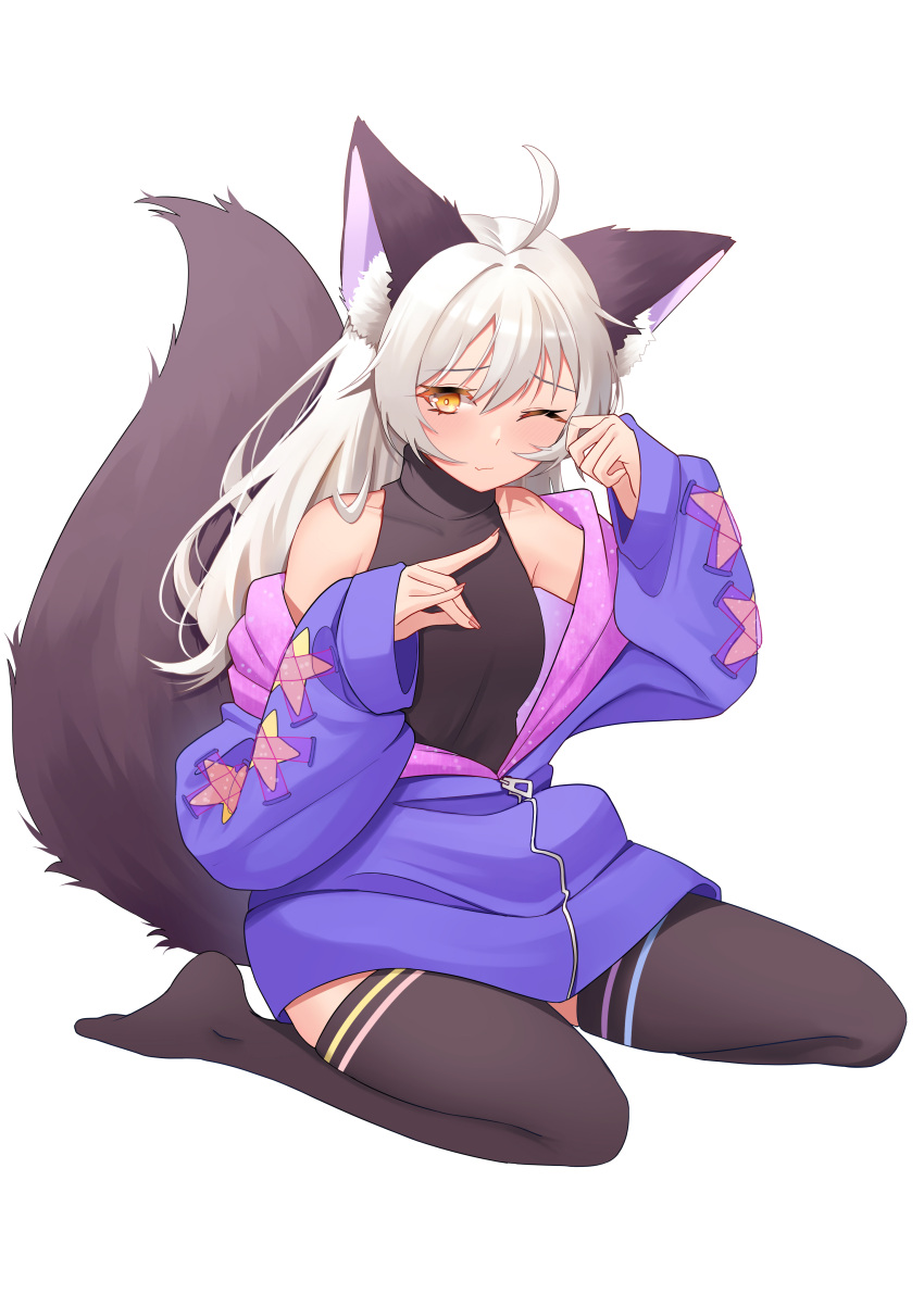 1girl, ahoge, bare_shoulders, black_fur, blush, fang, hood_down, hooded_jacket