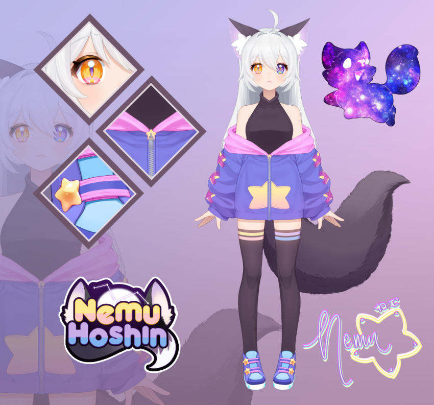 1girl, :3, ahoge, blue_eyes, fox_ears, galaxy_print, heterochromia, hoshin_nemu, indie_virtual_youtuber, kitsunemimi, logo, long_hair, multicolored_eyes, original, oversized_clothes, oversized_jacket, pafu, pink_eyes, raggychiffon, reference_sheet, signature, silver_hair, slit_pupils, sneakers, solo, star_(symbol), star_in_eye, tail, thigh-highs, velcro_footwear, violet_eyes, virtual_youtuber, white_hair, yellow_eyes, zettai_ryouiki, zipper_pull_tab