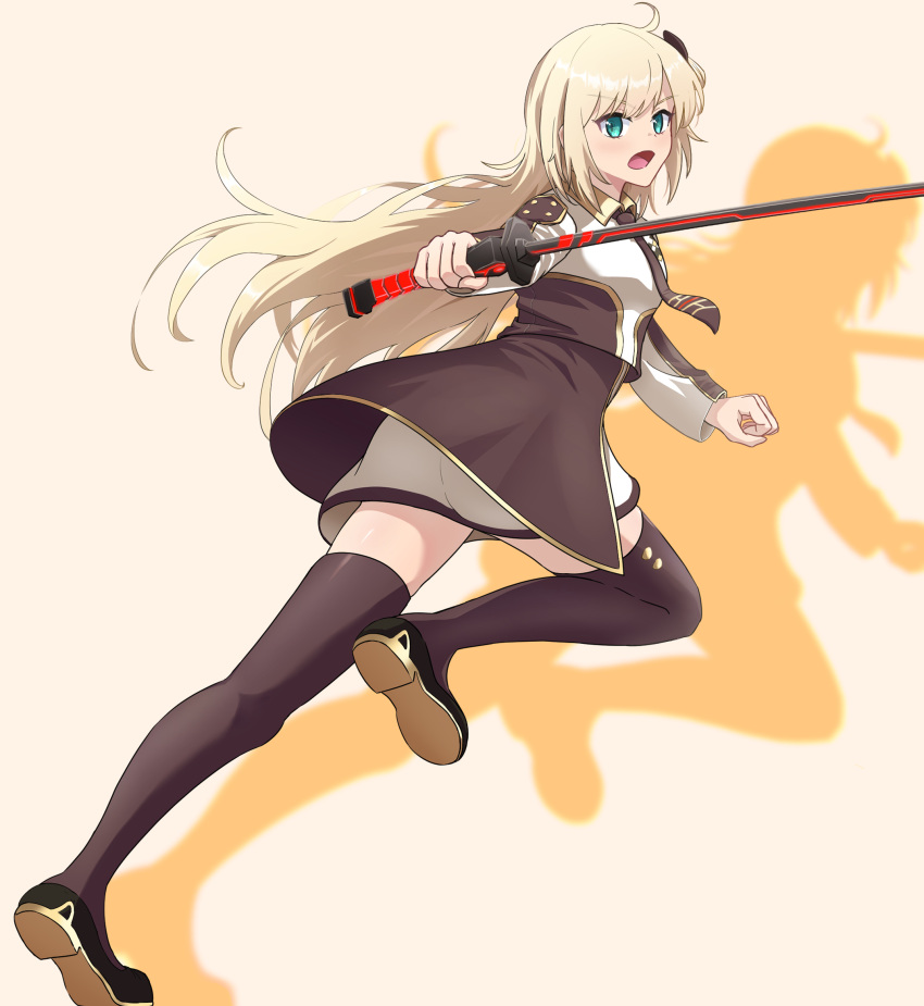 1girl, black_necktie, blonde_hair, breasts, collared_dress, dress, duel_monster, full_body, green_eyes, highres, holding, holding_sword, holding_weapon, kyrion, long_hair, long_sleeves, necktie, sky_striker_ace_-_raye, solo, sword, thigh-highs, two-tone_dress, weapon, yu-gi-oh!