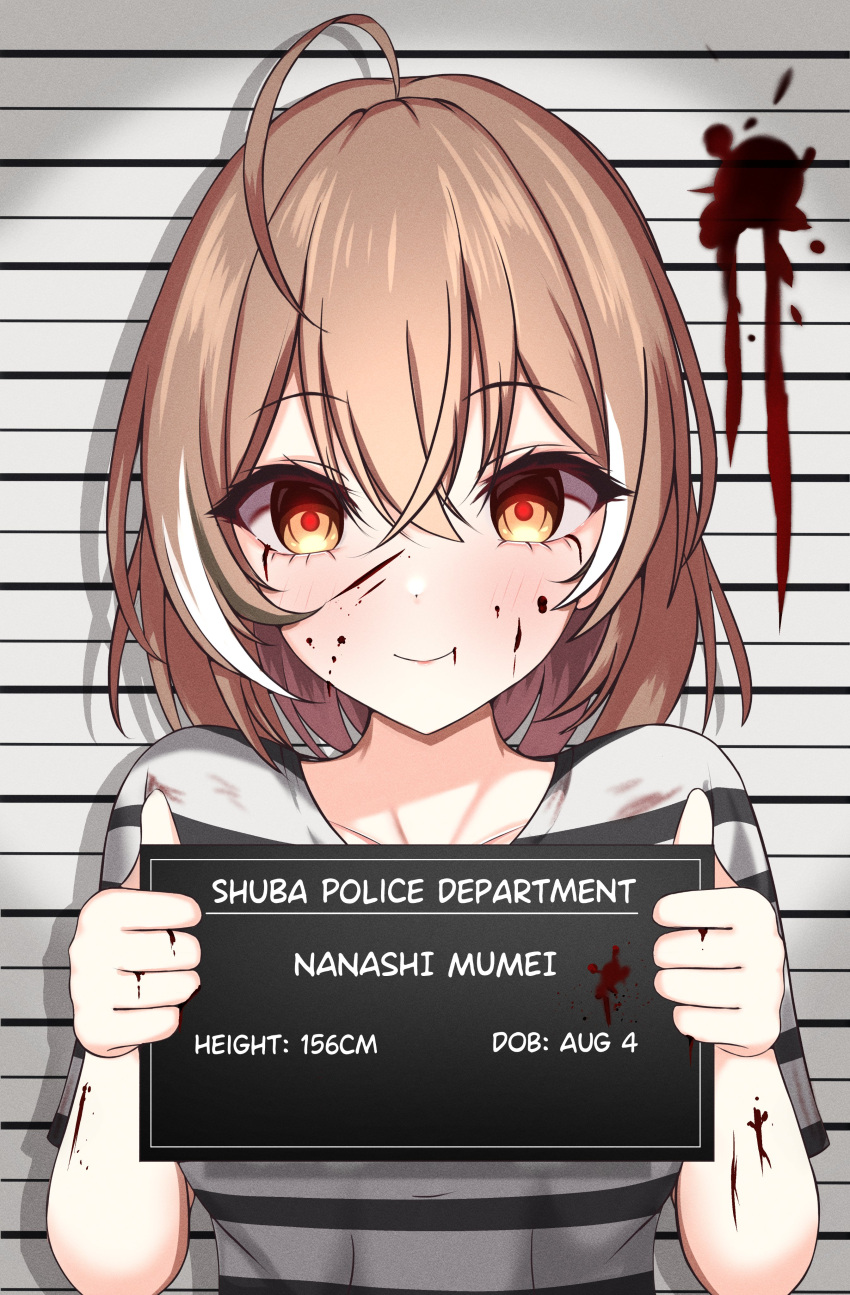 1girl, absurdres, ahoge, blood, blood_on_face, blood_on_hands, brown_eyes, brown_hair, closed_mouth, commentary, empty_eyes, english_commentary, glowing, glowing_eyes, hair_between_eyes, height_chart, highres, hololive, hololive_english, hood, hoodie, looking_at_viewer, mugshot, multicolored_hair, nanashi_mumei, official_alternate_hair_length, official_alternate_hairstyle, panpanmc4, prison_clothes, smile, solo, streaked_hair, upper_body, virtual_youtuber, white_hoodie