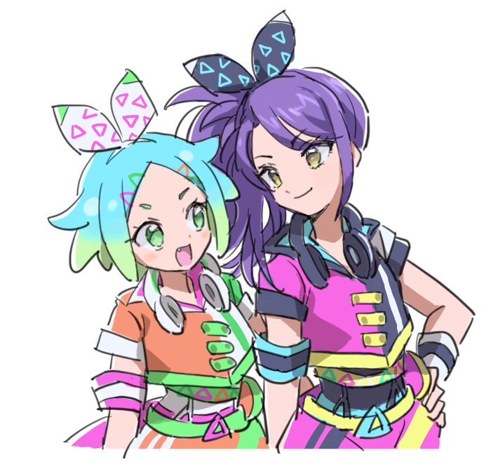2girls, :d, blue_hair, bow, closed_mouth, cropped_jacket, cropped_legs, eye_contact