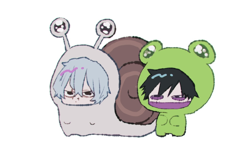 2boys, ametaro_(ixxxzu), animal_costume, black_eyes, black_hair, blue_hair, boku_no_hero_academia, burn_scar, cheek_piercing, chibi, dabi_(boku_no_hero_academia), frog_costume, male_focus, multiple_boys, multiple_scars, scar, scar_on_face, shigaraki_tomura, short_hair, simple_background, snail, snail_costume, spiky_hair, staple, stapled, white_background, wrinkled_skin
