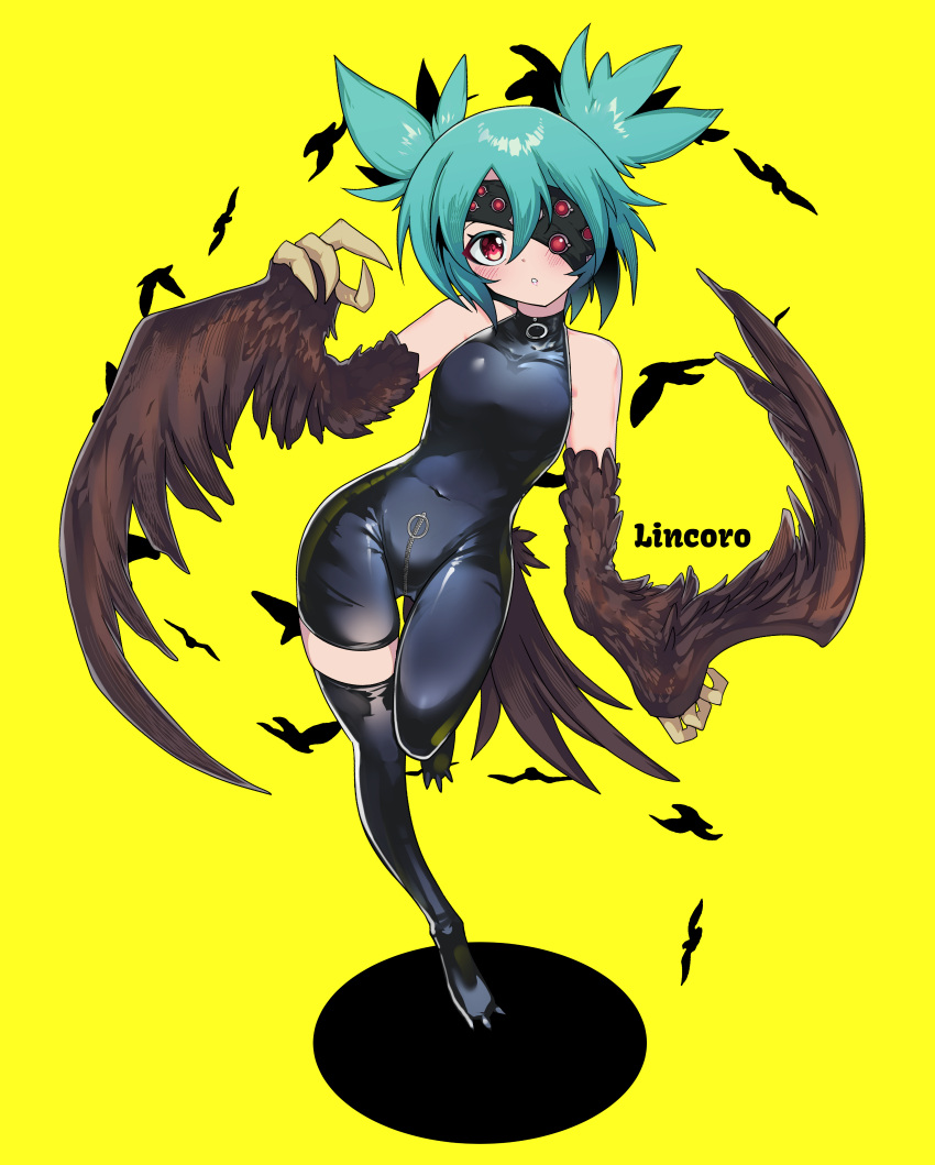 1girl, absurdres, aqua_hair, asymmetrical_clothes, bodysuit, character_name, claws, collarbone