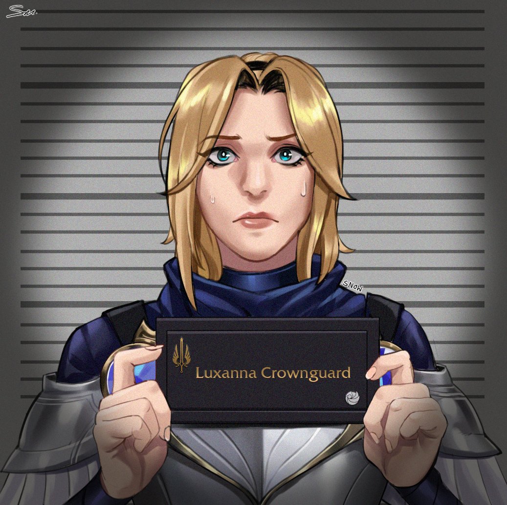 1girl, aqua_eyes, armor, barbie_(franchise), barbie_(live_action), barbie_mugshot_(meme), blonde_hair, commentary
