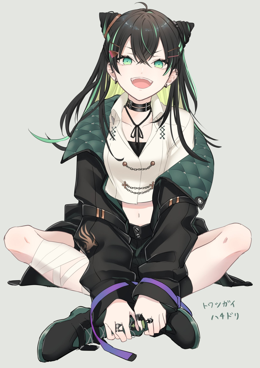 1girl, black_choker, black_footwear, black_hair, black_jacket, choker, double_bun, green_eyes