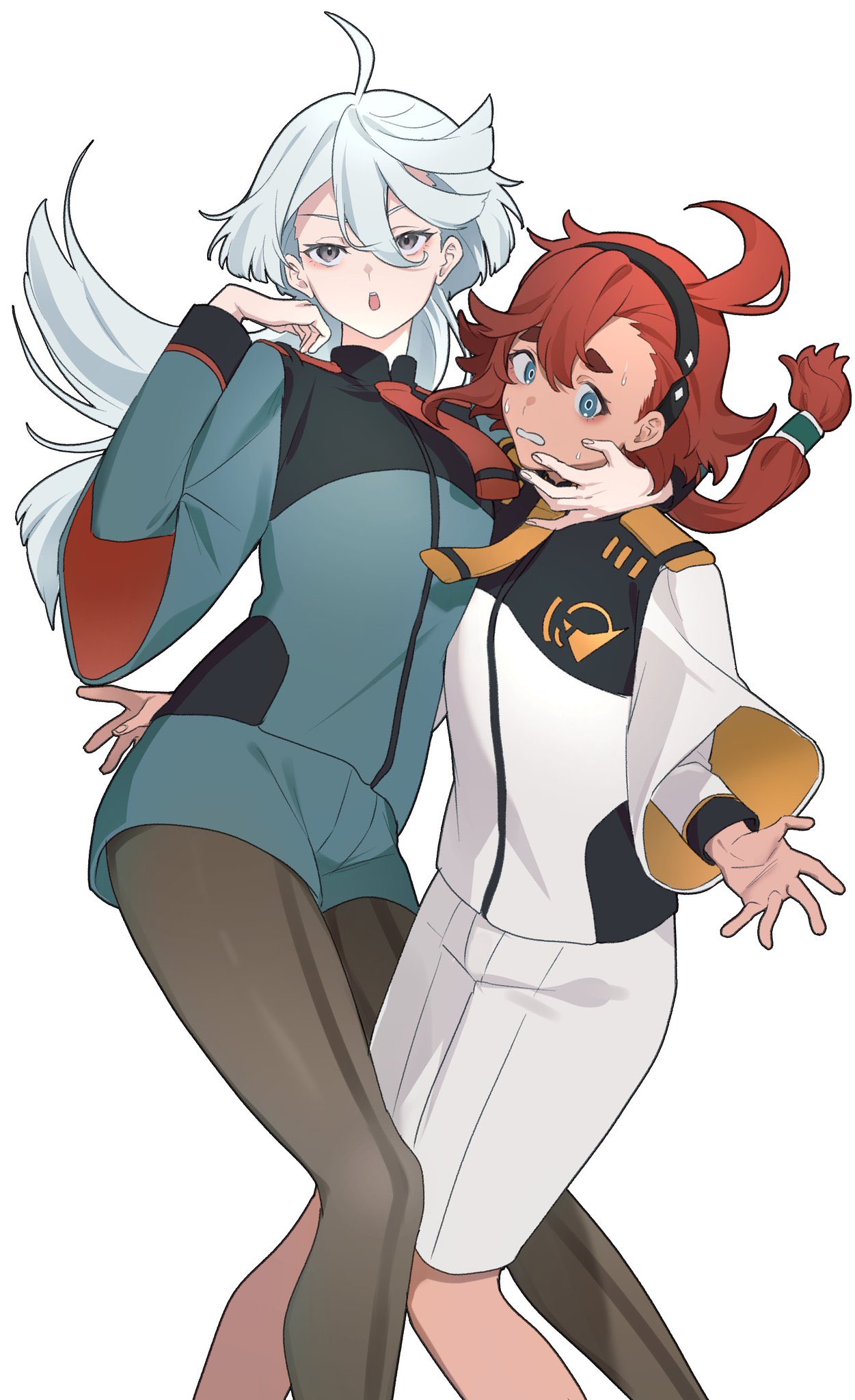 2girls, asticassia_school_uniform, black_hairband, blue_eyes, floating_hair, front-seamed_legwear, grey_eyes, gundam