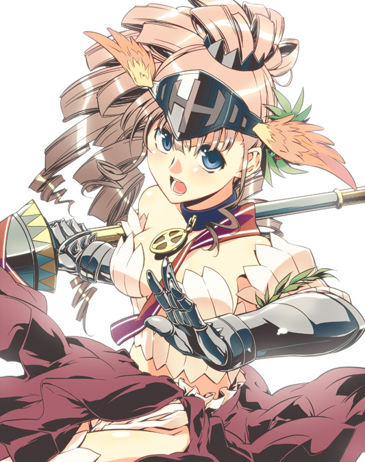 athena_(lord_of_vermilion), blonde_hair, blue_eyes, choker, crown, gloves, lance, lord_of_vermilion