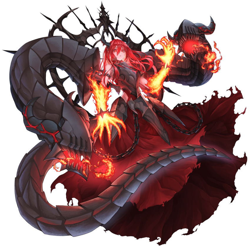 1girl, absurdres, anonymous_(yu-gi-oh!), armlet, armor, black_halo, bracelet, breastplate, chain, dress, duel_monster, faulds, fire, flaming_arm, game_cg, hair_between_eyes, halo, highres, hip_vent, horns, jewelry, long_hair, looking_at_viewer, multiple_heads, non-web_source, promethean_princess_bestower_of_flames, red_dress, red_eyes, redhead, solo, spiked_bracelet, spikes, stitched, tail, third-party_edit, transparent_background, yu-gi-oh!, yu-gi-oh!_master_duel