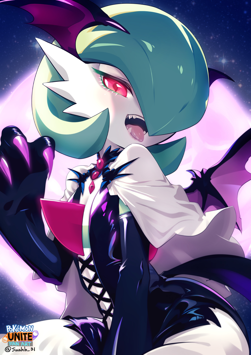 1girl, artist_name, backlighting, bat_wings, black_dress, black_gloves, blush, bob_cut