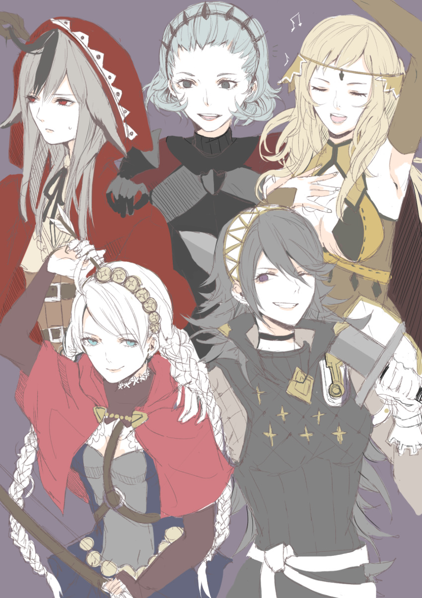 5girls, ahoge, aiiluro, blue_eyes, braid, capelet, fire_emblem, fire_emblem_fates
