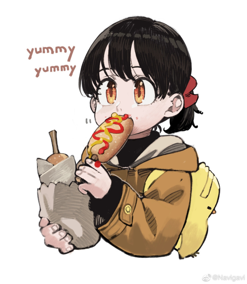 1girl, backpack, bag, black_hair, black_shirt, brown_hoodie, commentary, covered_mouth, cropped_torso, eating, english_text, food, food_on_face, hair_ribbon, hand_up, highres, holding, holding_bag, holding_food, hood, hood_down, hoodie, jun_(navigavi), little_sister_(navigavi), long_sleeves, looking_afar, looking_ahead, low_ponytail, medium_hair, orange_eyes, original, paper_bag, red_ribbon, ribbon, shirt, simple_background, solo, star_(symbol), star_in_eye, symbol_in_eye, weibo_logo, weibo_username, white_background, yellow_bag