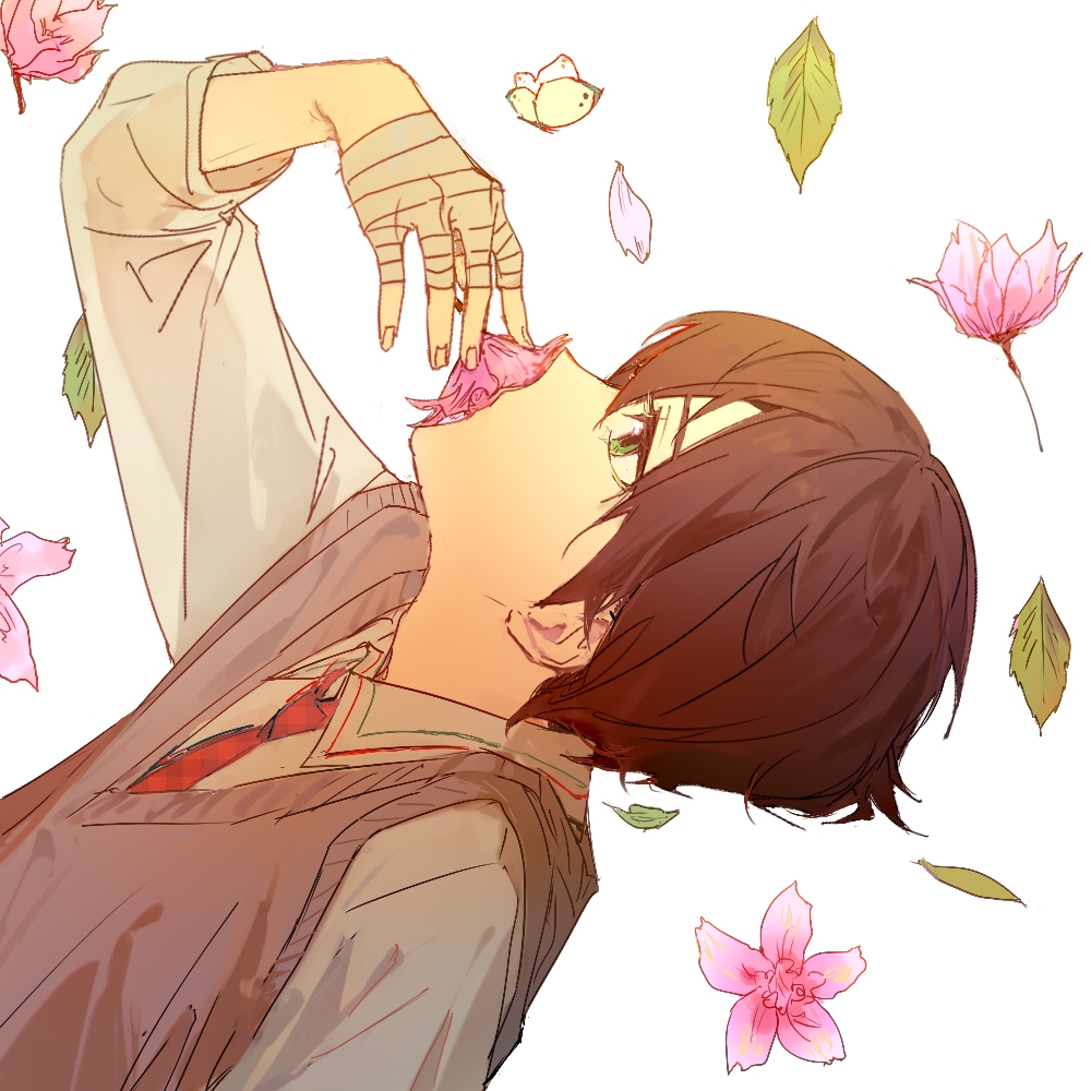 1boy, arm_up, bandaged_hand, bandages, black_hair, bug, butterfly, collared_shirt