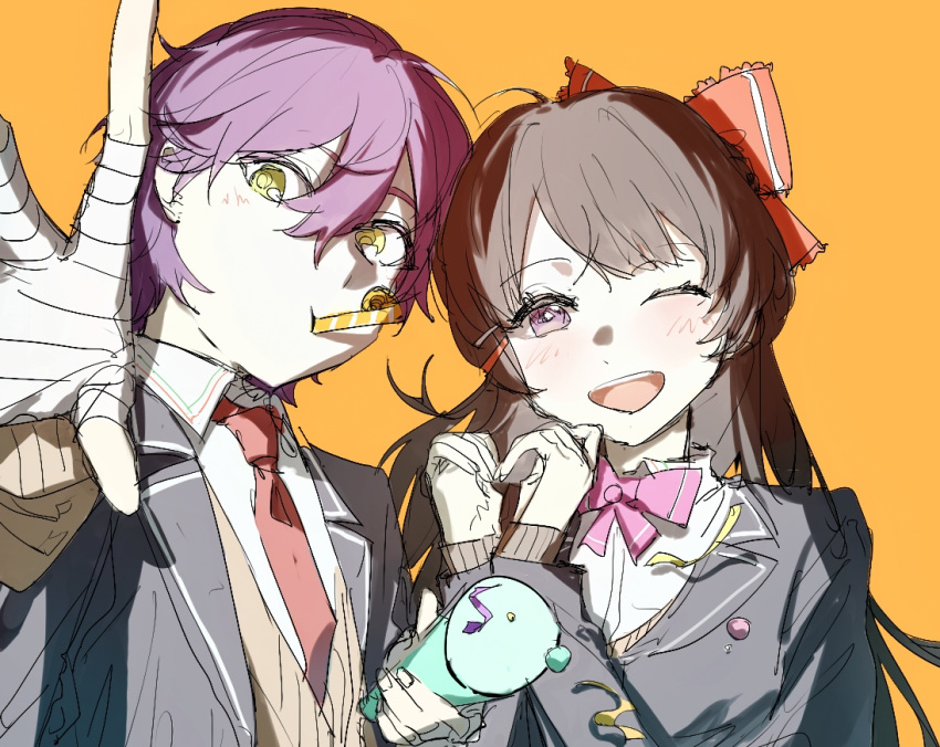 1boy, 1girl, bandaged_hand, bandages, blazer, blush, bow, bowtie