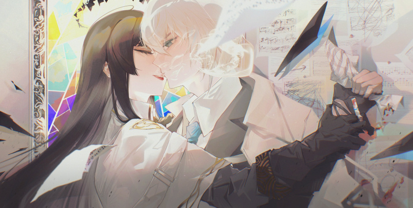 1boy, 1girl, ahoge, arknights, ascot, belt, black_ascot, black_gloves
