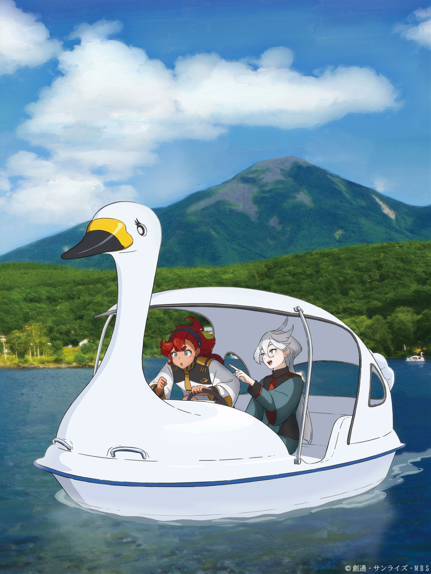 2girls, absurdres, ahoge, artist_request, asticassia_school_uniform, boat, clouds, cloudy_sky